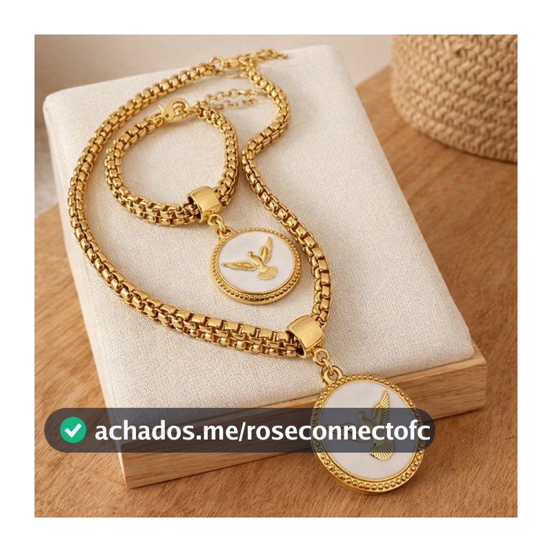 Comjunto Colar e Pulseira Espírito Santo Pomba da Paz semijoia banhada