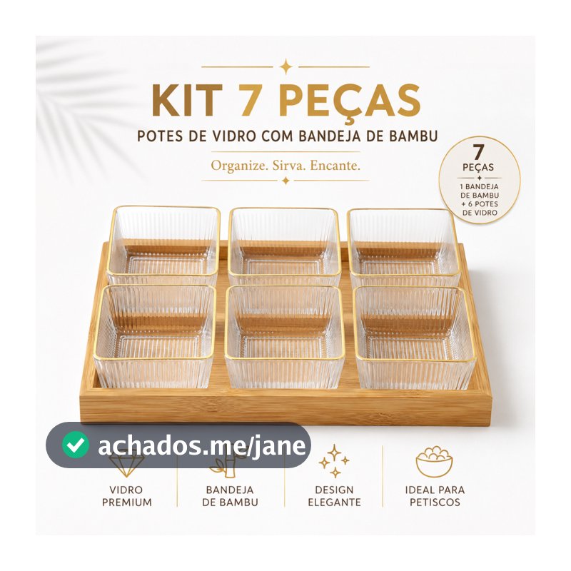 Petisqueira de Vidro 7 Peças com Bandeja de Bambu e Borda Dourada para Mesa Posta