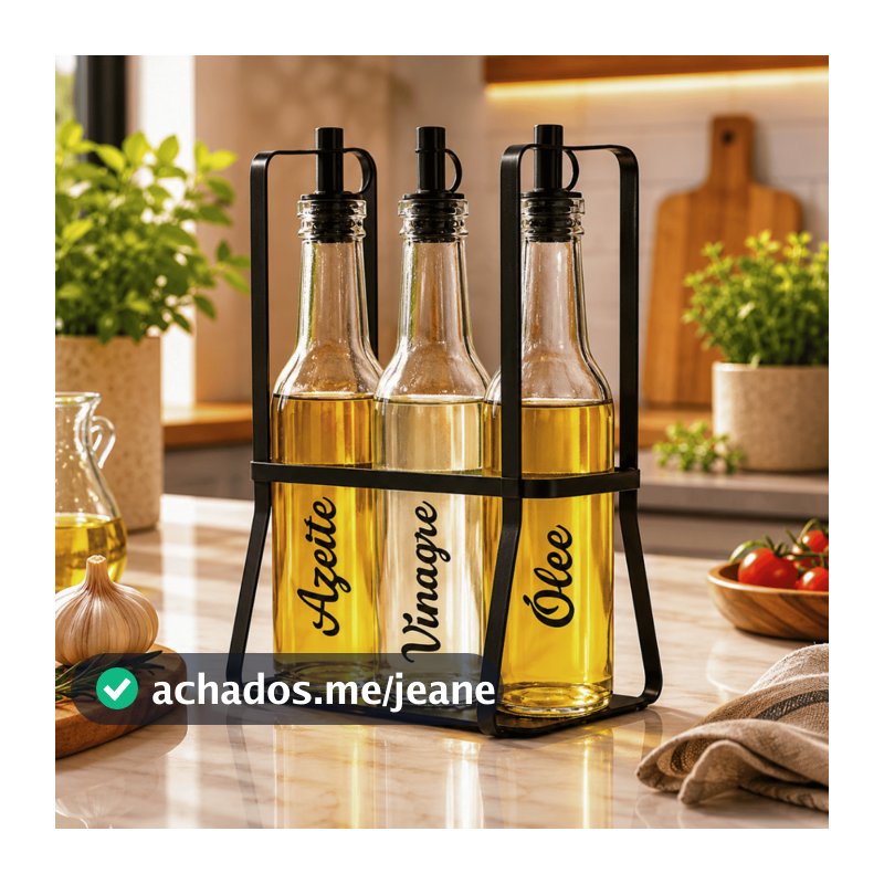 Galheteiro Porta Azeite Vidro 3 Potes  Vinagreiro Azeiteiro Suporte Ferro
