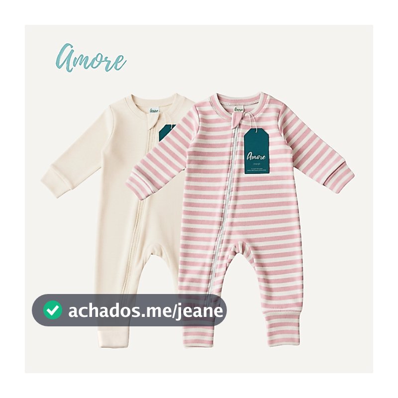 Kit 2 Macacão longo para Bebê Amore Listrado Rosa Claro e Bege 100% Algodão