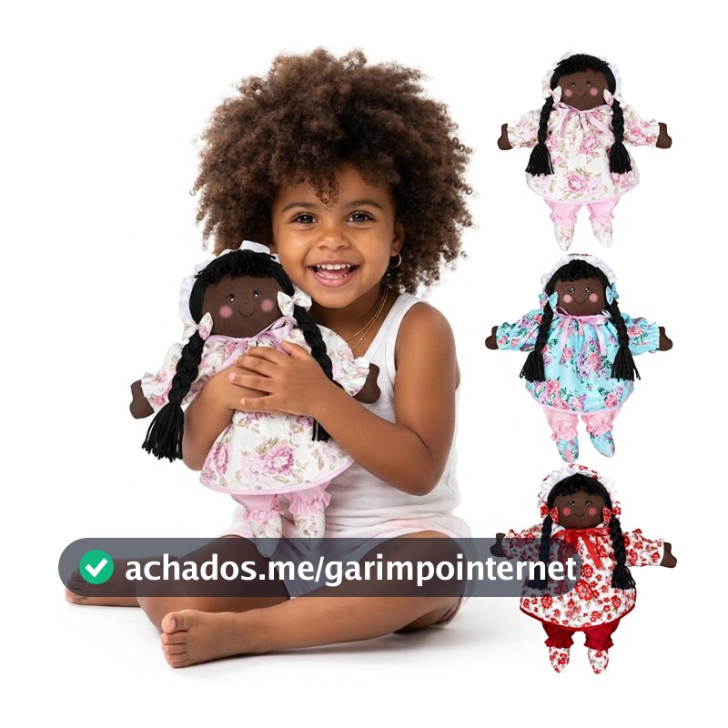 Boneca de Pano Negra Artesanal 40 cm, diversas estampas