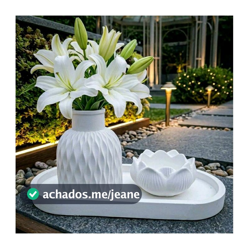 Kit de Gesso Cru 3 peças, Bandeja G, Vaso saia de noiva e Vaso Flor de Lótus.