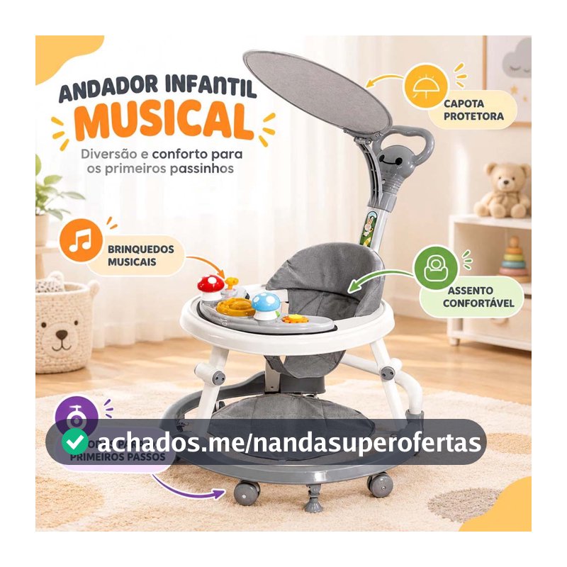 Andador Infantil Para Bebê Com Capota e Brinquedo Musical - Seleção Especial para Mamães！