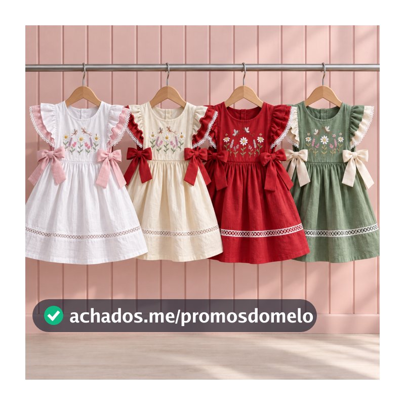 Vestido Feminino Infantil Com Amarração Lateral Vestido Kids com Babadinhos em Mangas Bordado Floral