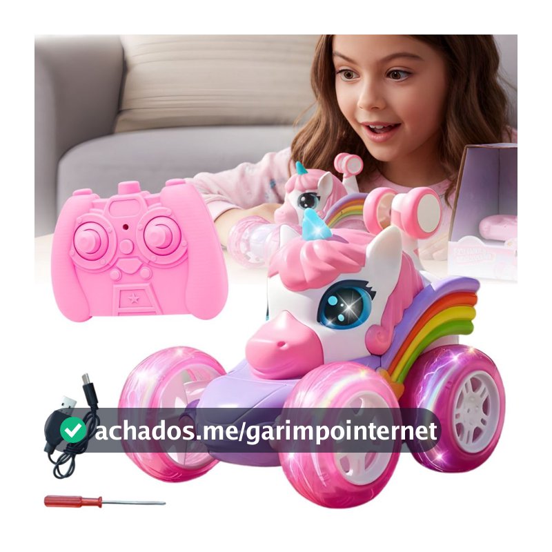 Carrinho de Controle Remoto Unicórnio 360 Brinquedo de Menina Carro Rosa Recarregável Led Infantil