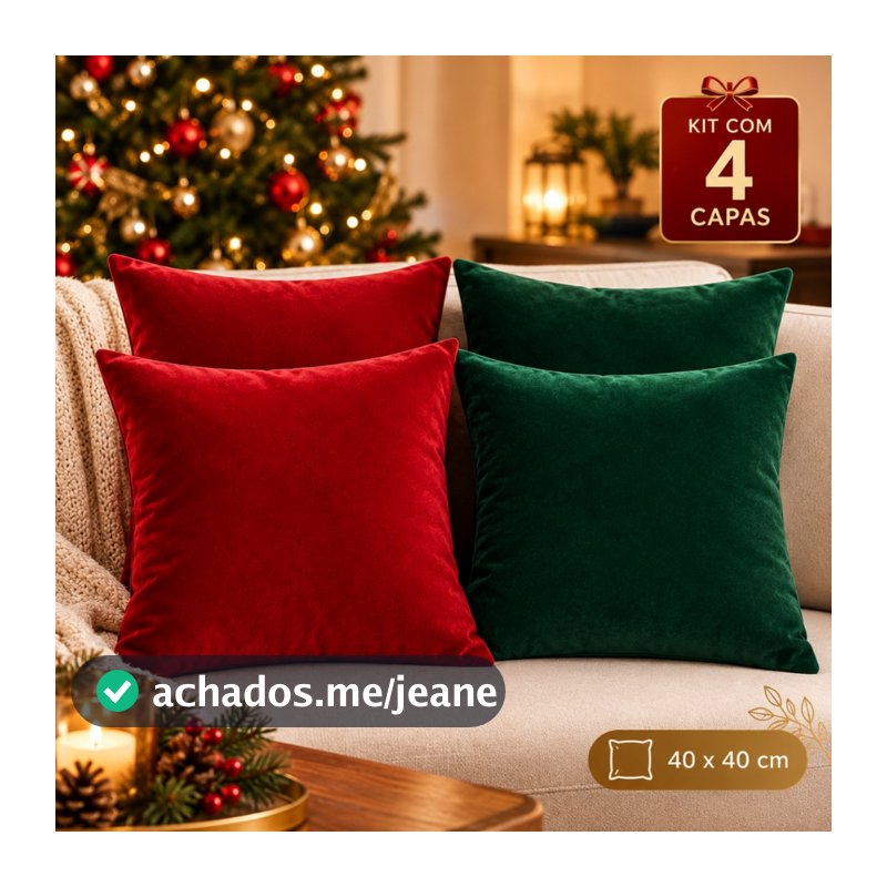 Kit 4 Capas Almofada Veludo Luxo 40x40 | Vermelho e Verde Elegante