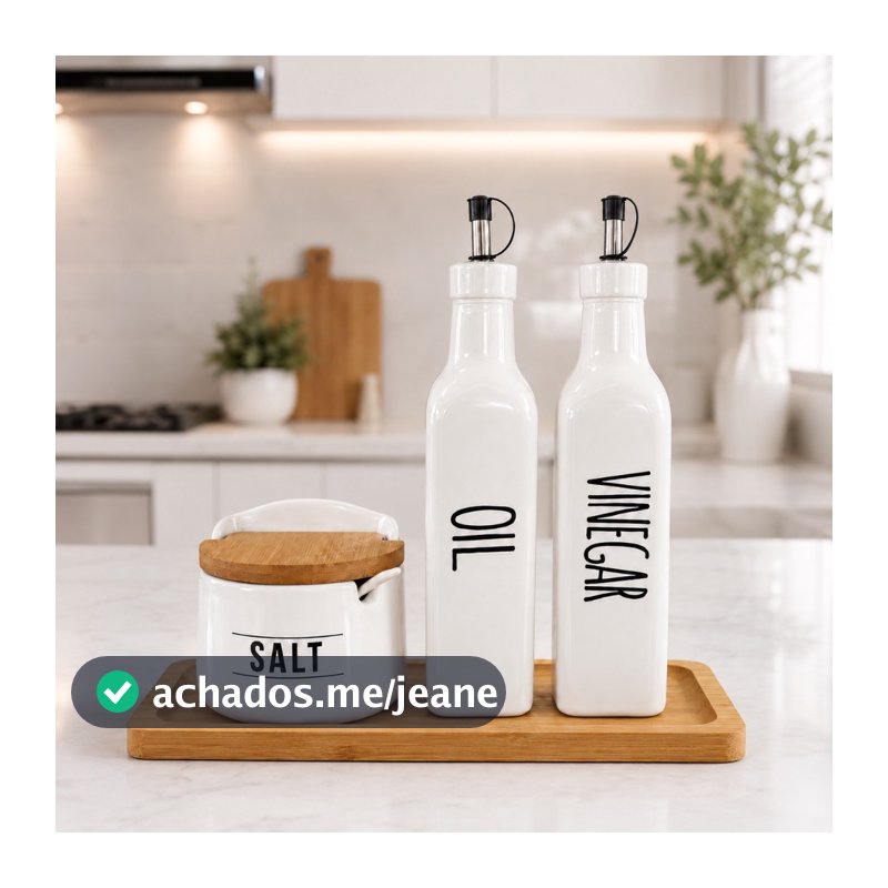 Kit Saleiro Vinagreiro Azeiteiro Bandeja de Bambu em Vidro e Porcelana Bico Dosador em Inox