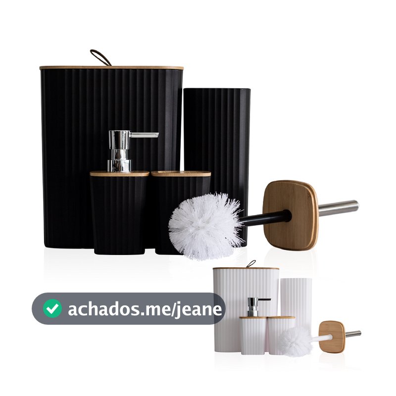 Kit Banheiro Quadrado 4 Peças Completo Lixeira Tampa Bambu Lavabo Escova Sanitária Puxador couro