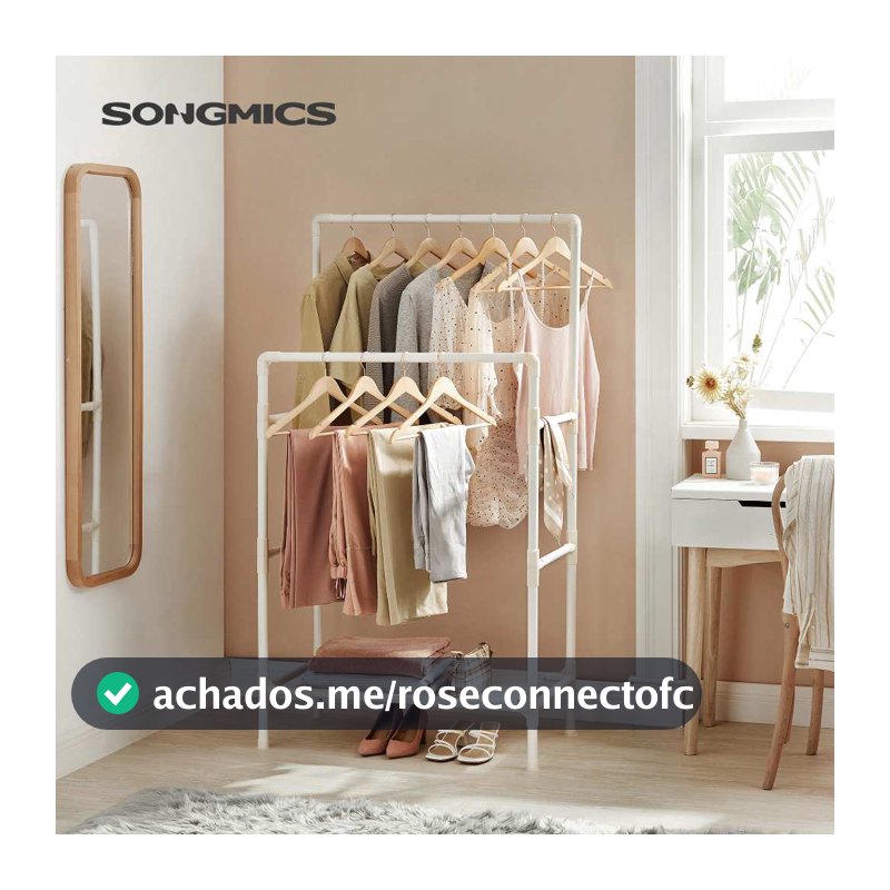 SONGMICS Cabideiro de Metal com 2 Varões, Estante para Roupas, Suporte até 55 kg, Fácil Montagem, Branco