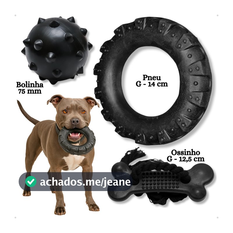 Kit Brinquedo Mordedor para Cachorro Pneu G + Bola Cravo Maciça 75mm + Osso Grande Black com Corda