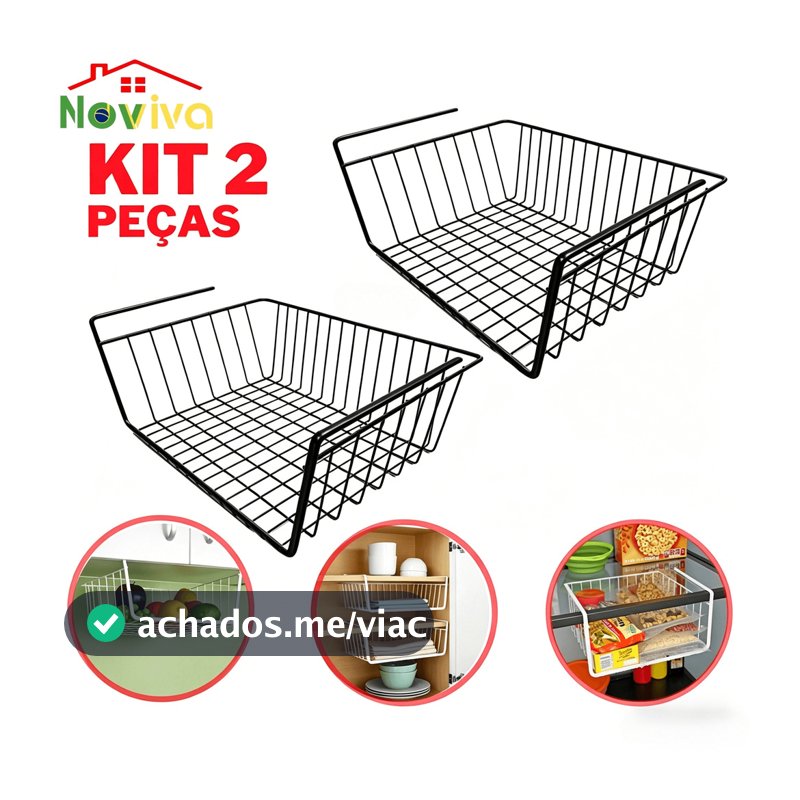 Kit 2 Suporte Organizador Cesto Suspenso Aramado Preto De Encaixe Prateleira Sem Furo Multiuso Para Cozinha E Armário