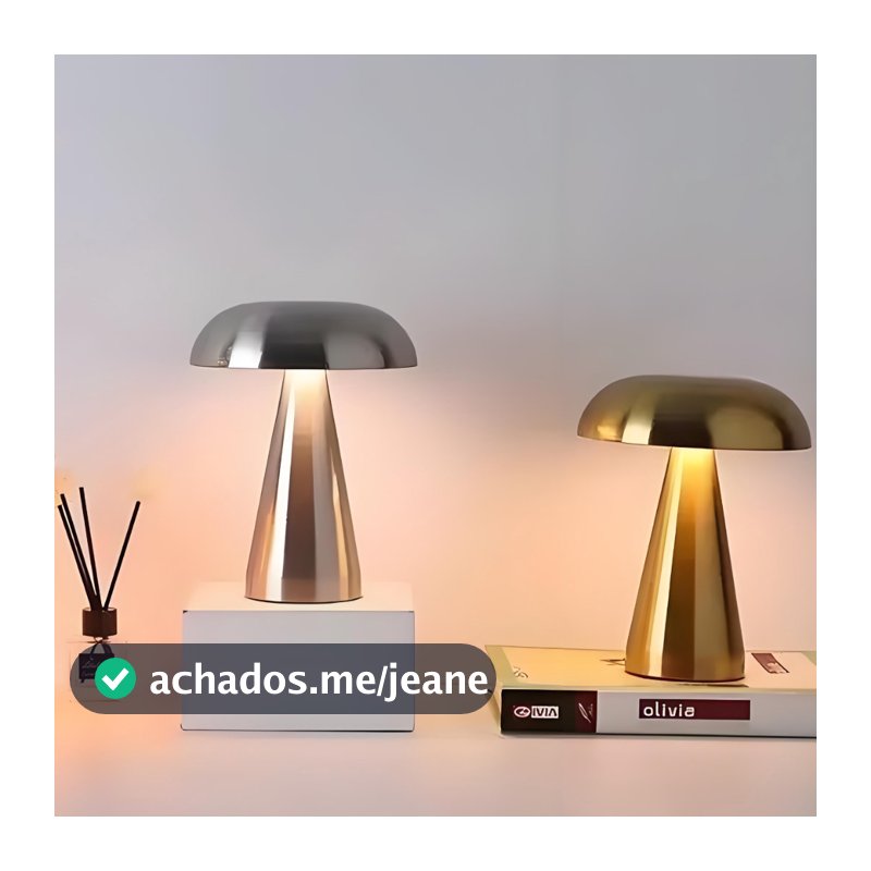 Luminária Abajur de Mesa Cogumelo Portátil Metálico LED, Quarto Restaurante, Recarregável USB, Touch com Dimmer