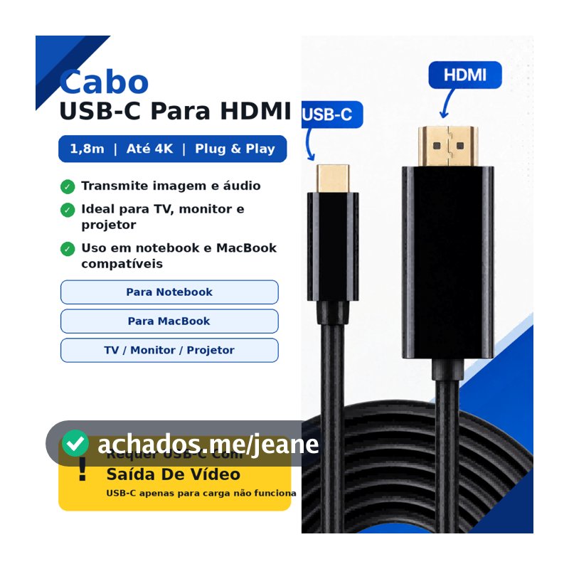 Cabo USB-C HDMI 1,8m Para TV Monitor Projetor MacBook 4K