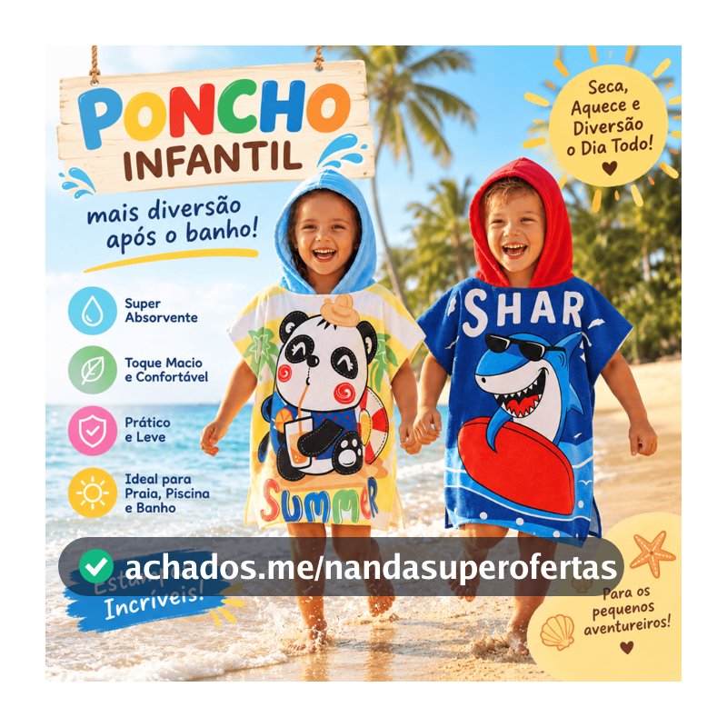 Toalha de Banho Infantil para Banho Piscina Praia com Capuz | Poncho Menino Menina Roupão