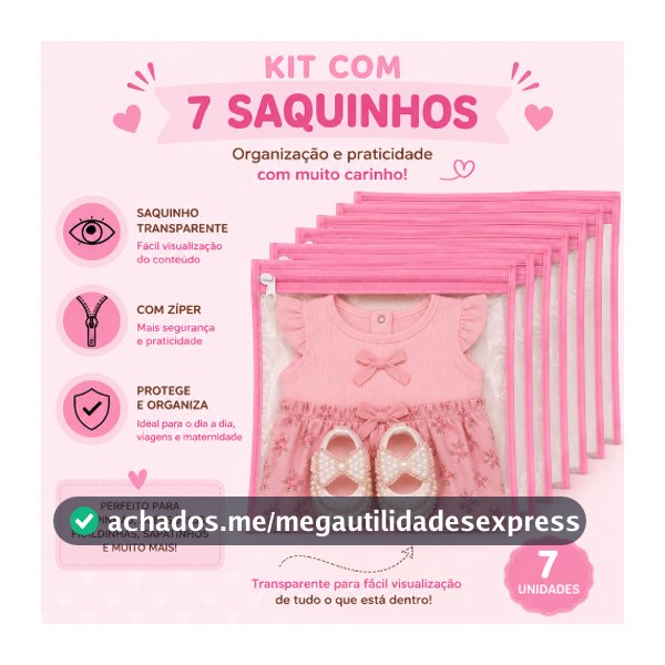 Kit 7 Saquinhos Maternidade Organizador Mala Bebê  Mala/Viagem/Roupa Molhada e Seca