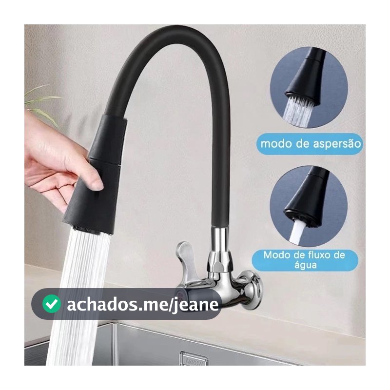 Torneira Parede Cozinha Gourmet Preta Flexivel 2 Jatos 1/4 de Volta Para Mesa Pia Bancada e Mármore