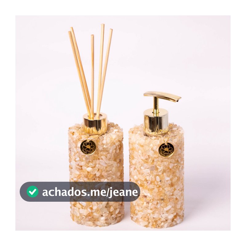 Kit Difusor + Saboneteira em Pedra Natural Quartzo Citrino Gold | Sofisticação, Energia e Prosperidade | Bandeja Opciona
