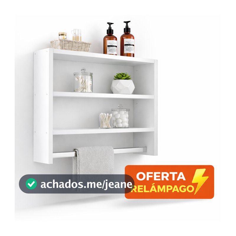 Nicho Para Banheiro com Suporte de Toalha - Prateleira de Parede Organizador Branco MDF, Multiuso