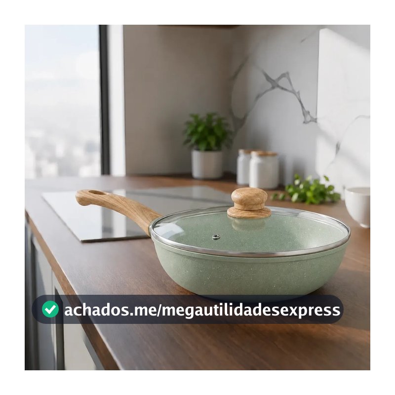 Frigideira Panela Wok 28cm Funda 4,3 Litros Revestimento Cerâmica Antiaderente  Tampa de Vidro