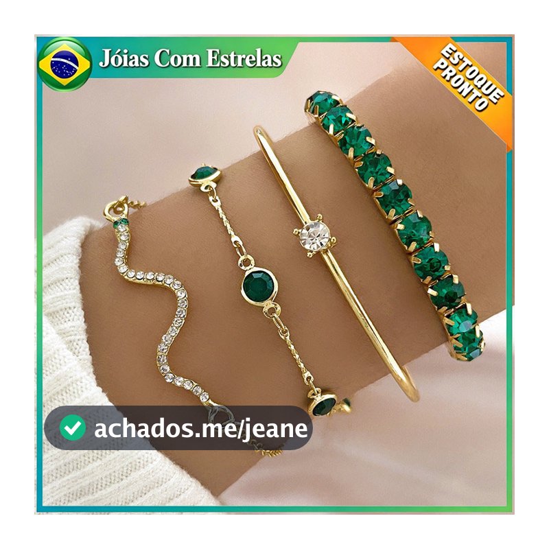 Conjunto de 4 peças Pulseira esmeralda verde diamante elástico pulseira feminina cobra pulseira metal moda