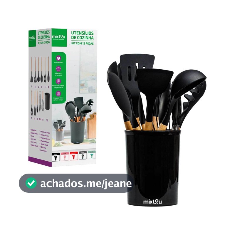 Kit 12 Utensílios De Cozinha Em Silicone E Cabo De Madeira