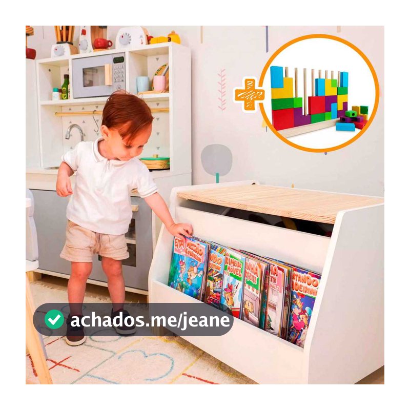 Baú Organizador Leiturinha G Com Jogo Tetris Encaixe Coordenação Motora Quarto Brinquedo Kit Livro
