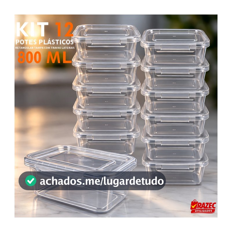 Kit Com 12 potes 800ml Tampa Com Trava Marmita Fitness Lavavel Freezer Microondas Durável BPAFree