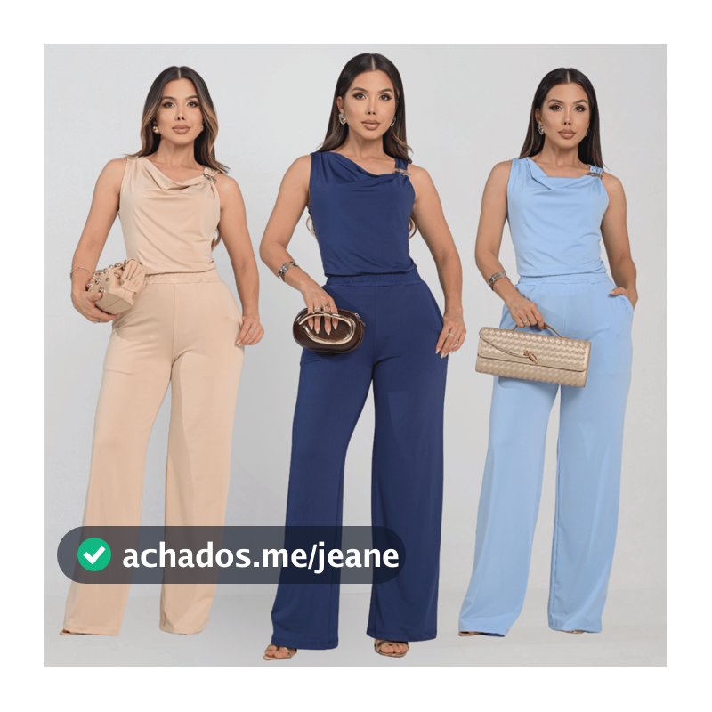 Conjunto Feminino Malha Calça com Bolsos e Blusa com detalhe dourado Premium Elegante