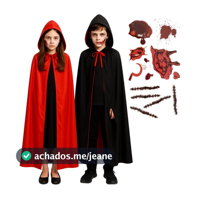 Kit Capa de Bruxa Dracula Vampiro Fantasia Halloween Dupla Face + Ferimento Falso Fantasia Infantil Completa