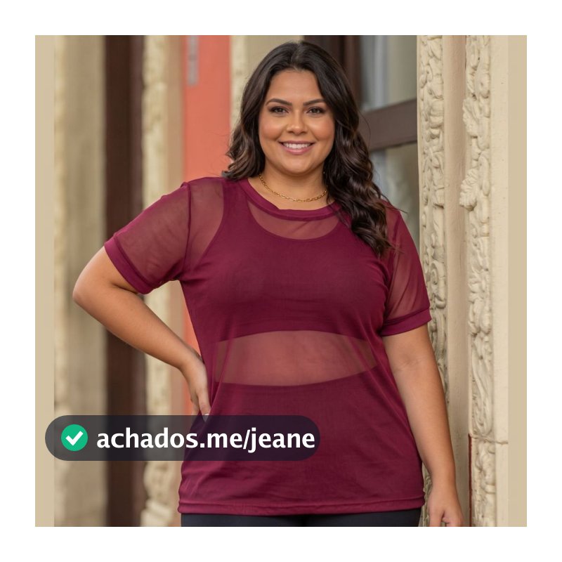 Blusa em Tule Manga Curta Transparente Plus Size