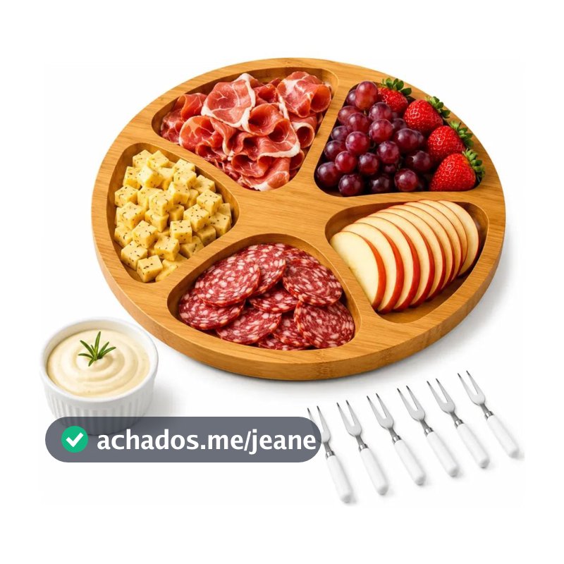 Kit Petisqueira Redonda com 5 Divisórias, Molheira Ramekin e 6 Garfinhos para Servir Frios, Queijos, Petiscos e Molhos