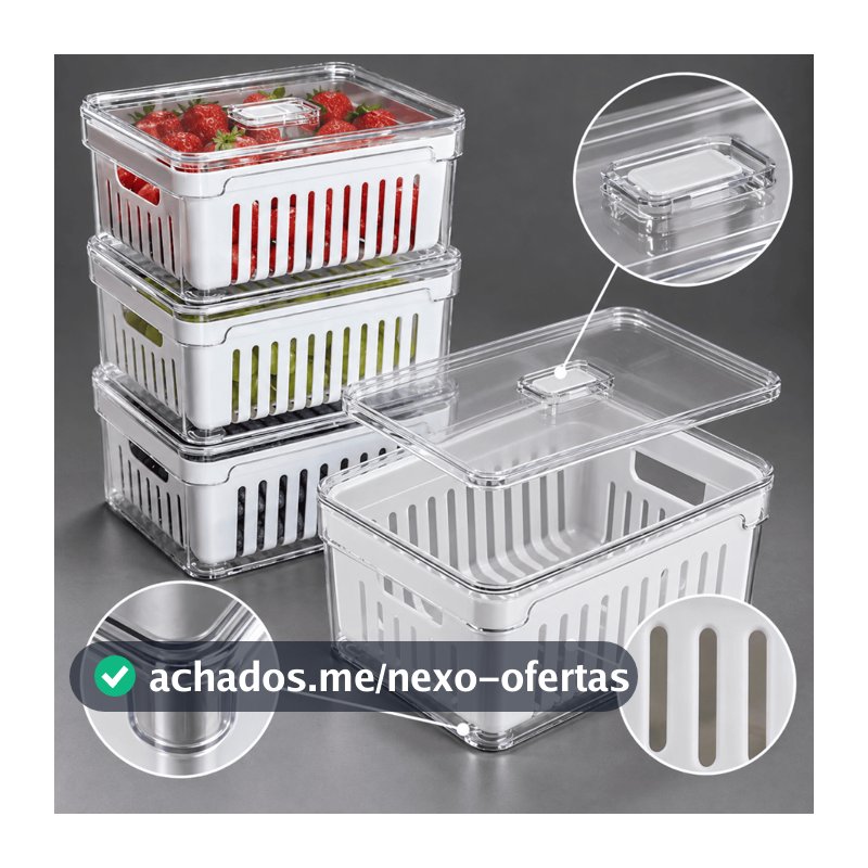 Kit 4 Organizadores de Geladeira 2,2L Cesto Interno Plástico Sem BPA Pote de Acrílico Organizador Frutas Legumes Frescos