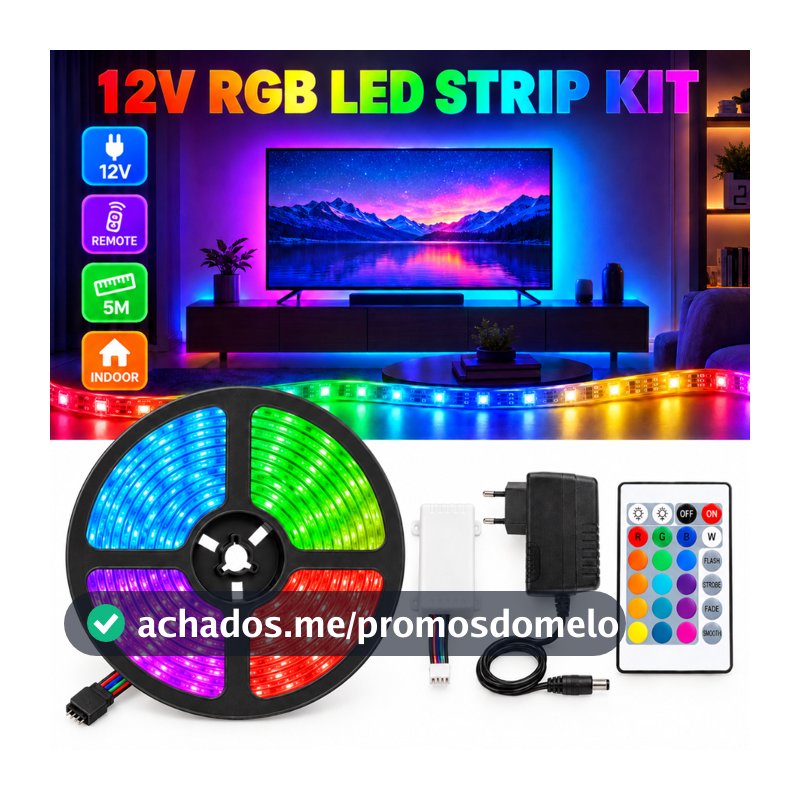 Fita LED RGB 2835 de 5 Metros 12V Kit 1 2 ou 3 Rolos com Controle Remoto para Sanca TV Quarto com ou sem Fonte