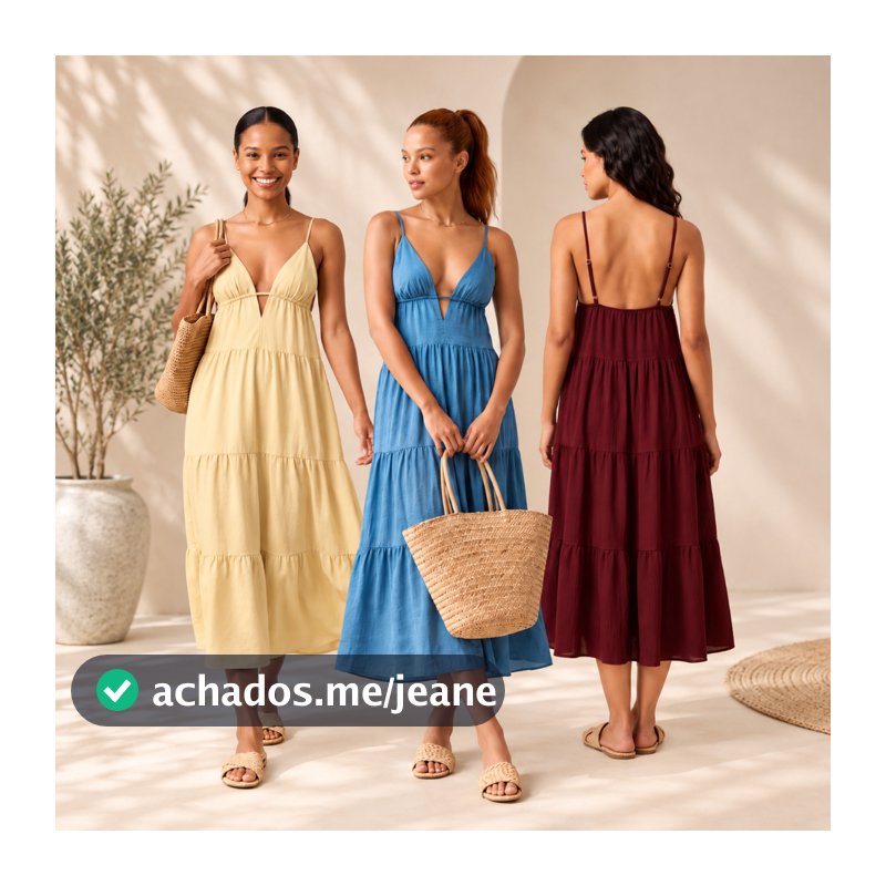 Vestido Longo Feminino com Decote V e Babados Alças Finas