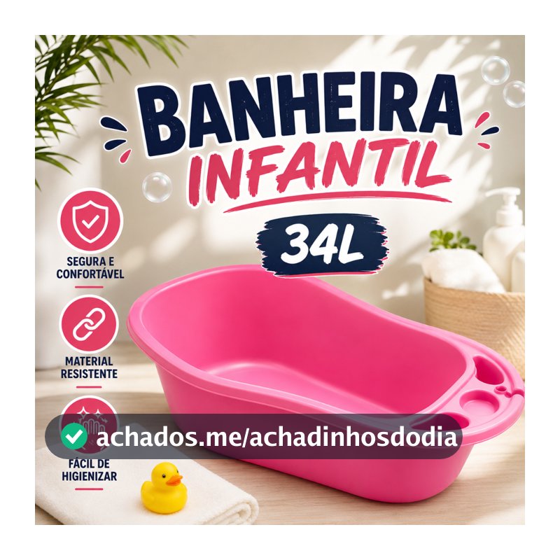 Banheira Infantil Anatômica 34 Litros Grande para Bebê e Criança com Porta Objetos e Suporte para Shampoo