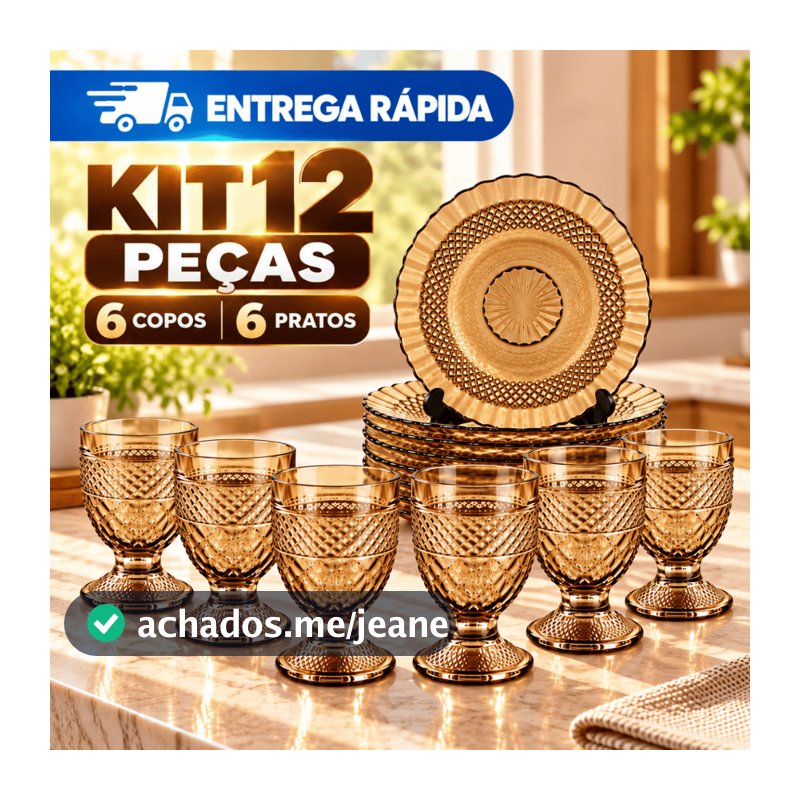 Jogo Mesa Completa 12 Peças 6 Pratos + 6 Taças 200ml Vidro Âmbar Trabalhado Vintage Jantar Almoço