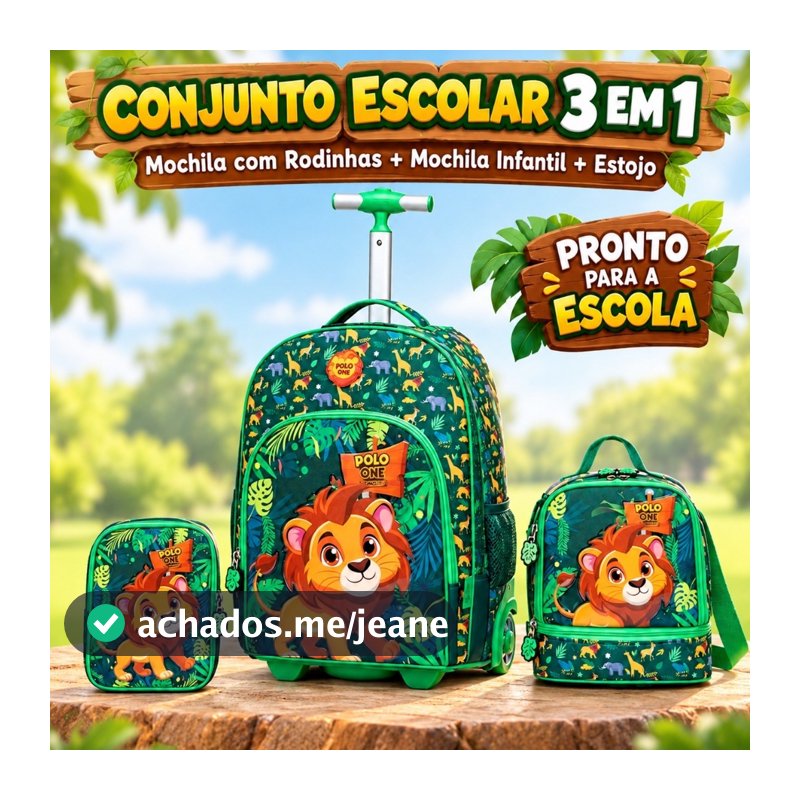 Kit Mochila Verde Rodinha Estojo Lancheira Infantil Menino Leão