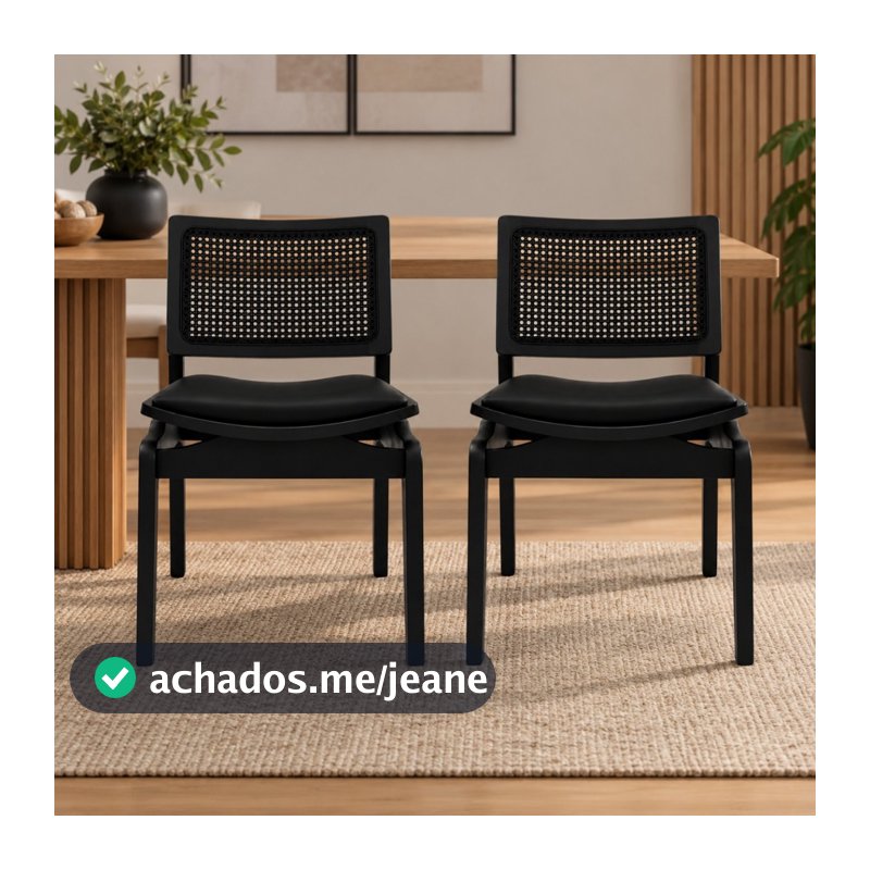 Kit c/ 2 Cadeiras De Sala De Jantar 100% Em Madeira Maciça Couro Preto Encosto Telinha Rattan Vazado