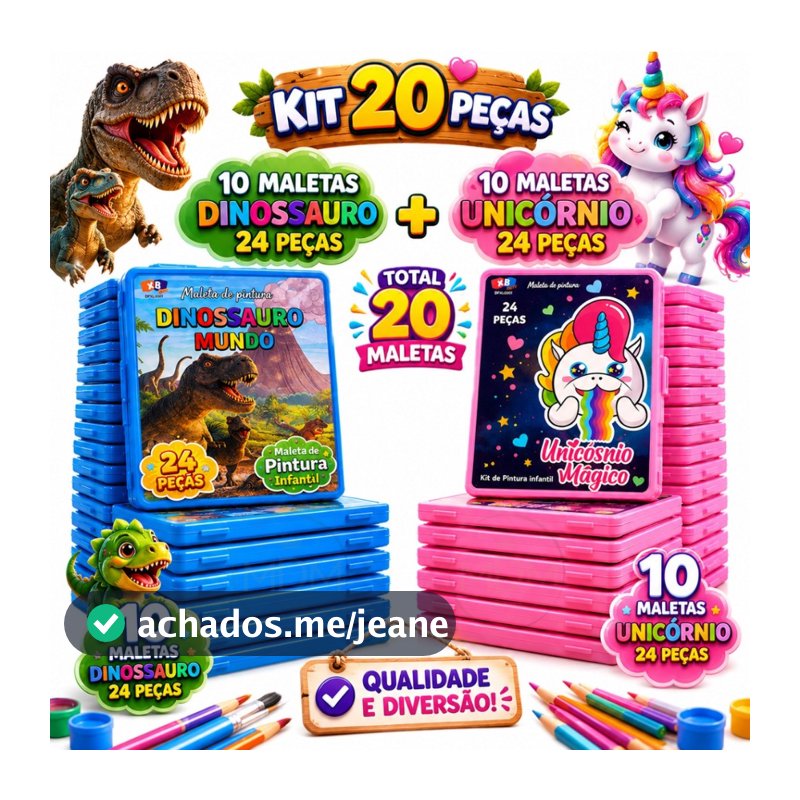 Kit com 10 ou 20 Maletas de Pintura 24 Peças Estojo Infantil Escolar Menino e Menina