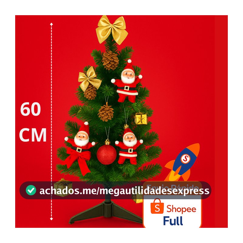 Árvore de Natal 60 cm Completa com 36 Enfeites – Kit Decorado para Mesa / Escritório NEVADA OU VERDE