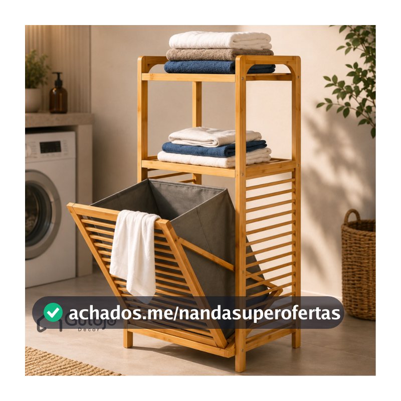 Rack De Bambu Cesto De Roupas Lavanderia C/ 2 Prateleiras Organizador Grande PREMIUM
