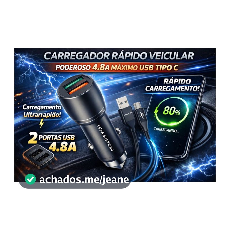 Carregador Rápido Veicular Poderoso 4.8a Máximo Usb Tipo C Preto