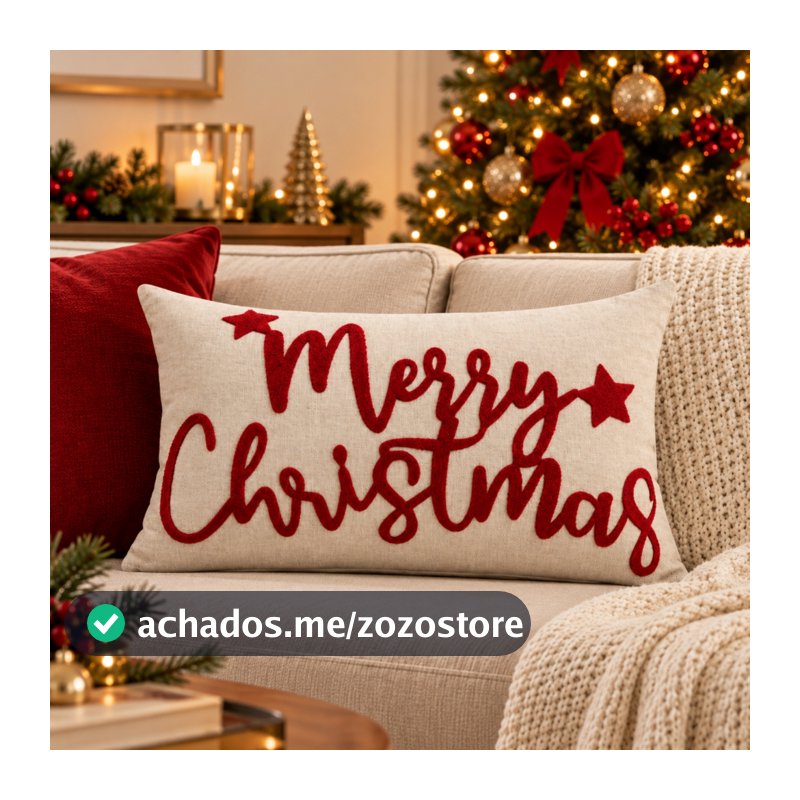 Capa De Almofada Retangular Linho com Boucle Natalino Decoração Enfeite Natal Baguete Merry Christimas 30x50cm