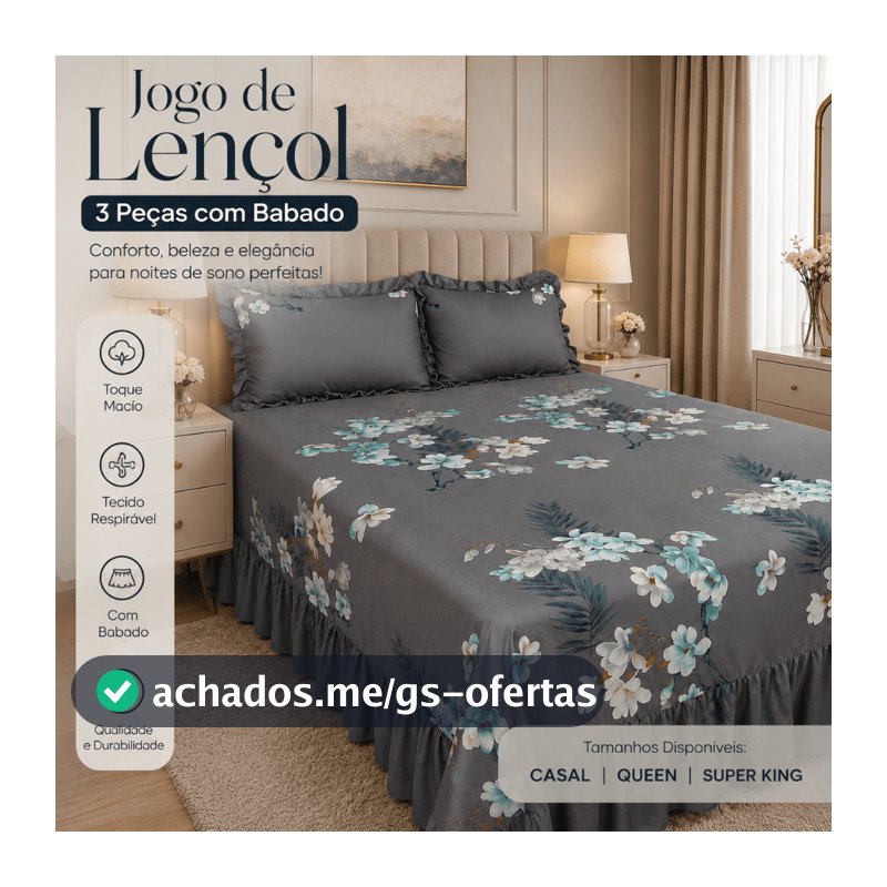 Jogo de Lençol Colcha 3 Peças com Babado Casal Queen Super King Estampado Toque Macio
