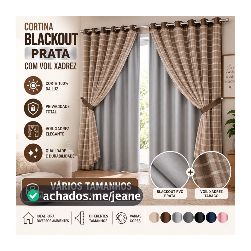 Cortina Blackout Prata com Voil Xadrez – Vários Tamanhos e Cores para Sala, Quarto e Porta-Balcão
