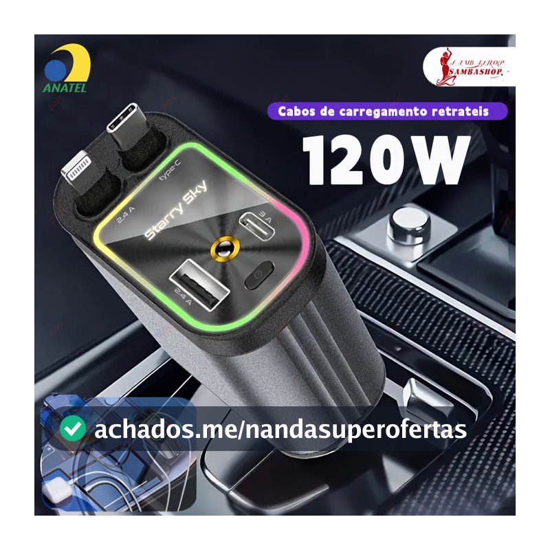 Carregador Rápido Retrátil Automotivo 180° Giratório 4 em 1 Cabo Extensível para iPhone e Android
