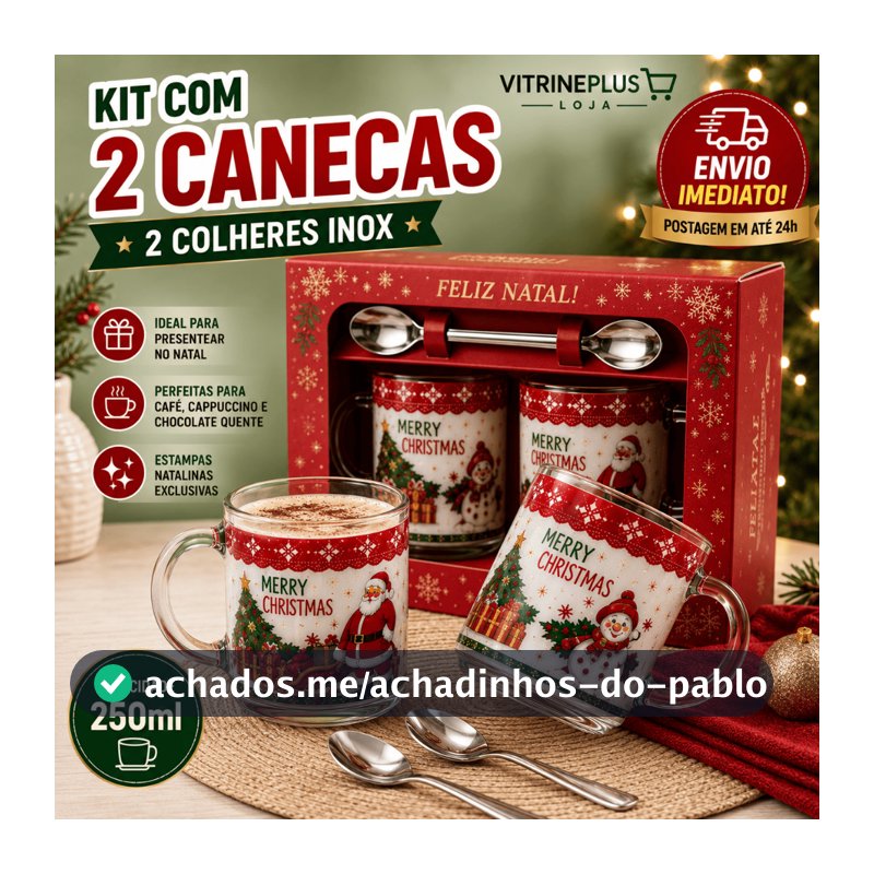 Kit Presente Natal  2 Canecas de Vidro 250ml e 2 Colheres Inox Estampas Natalinas