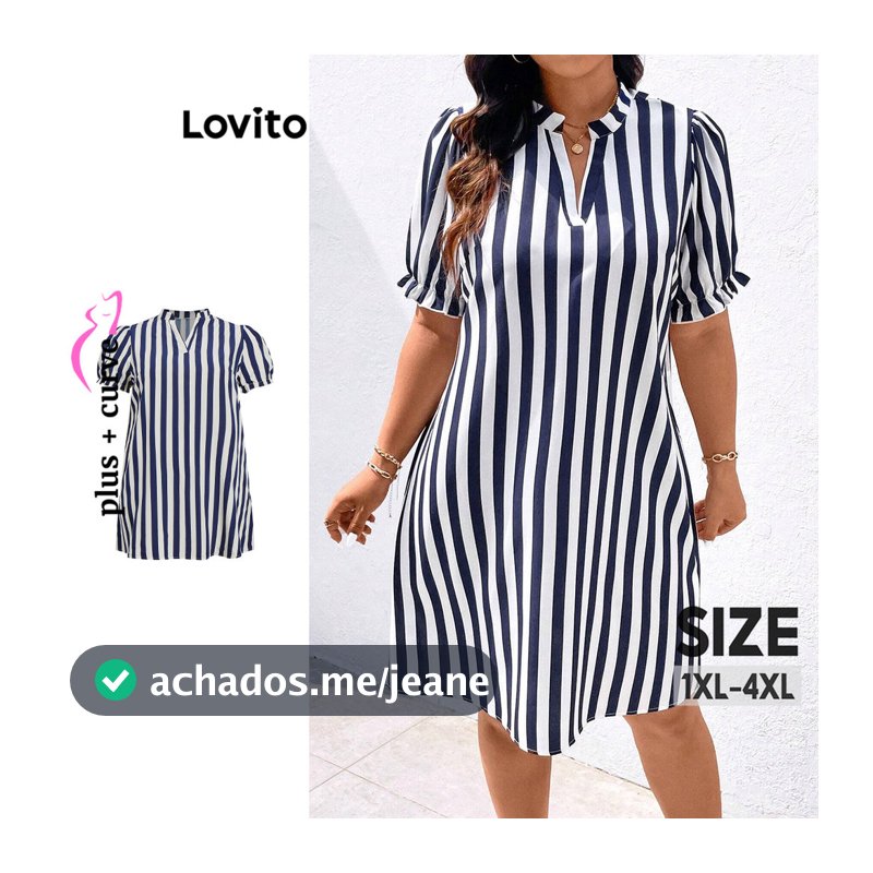 Lovito Casual Vestido Curvo Plus Size Listrado Com Babados E Botões Para Mulheres LBL15492