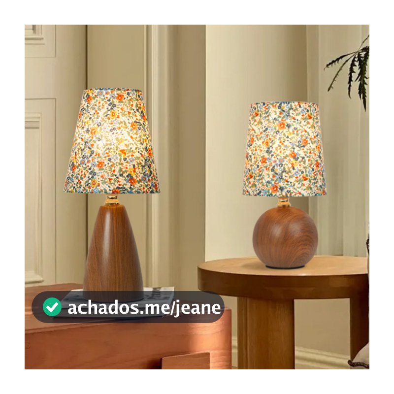 Abajur Luminária De Mesa Nogueira Floral Estilo Madeira Cabeceira Quarto Sala Estudo Leitura