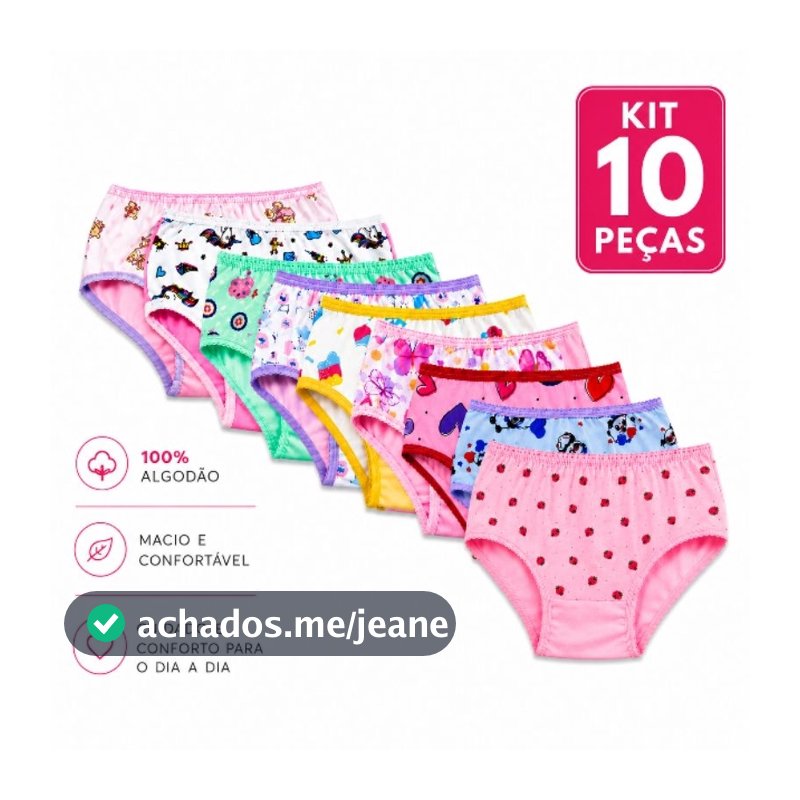 Kit 10 Calcinhas Infantis Estampadas 100% Algodão com Forro de Algodão Cores Sortidas